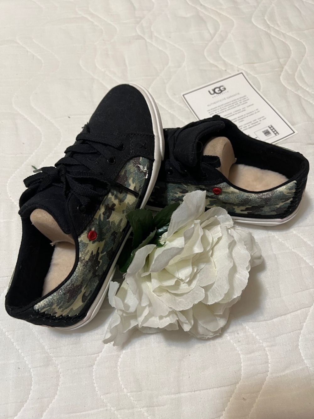 UGG Black Canvas Sneakers with Camouflage Panels and Red Eyelet